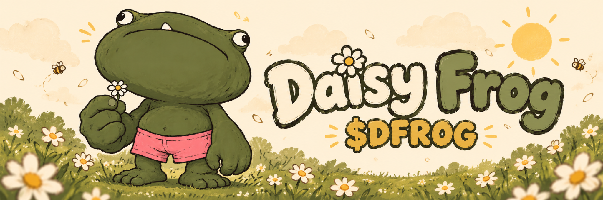 Original Daisy Frog banner showing the frog in a daisy meadow under a warm sun