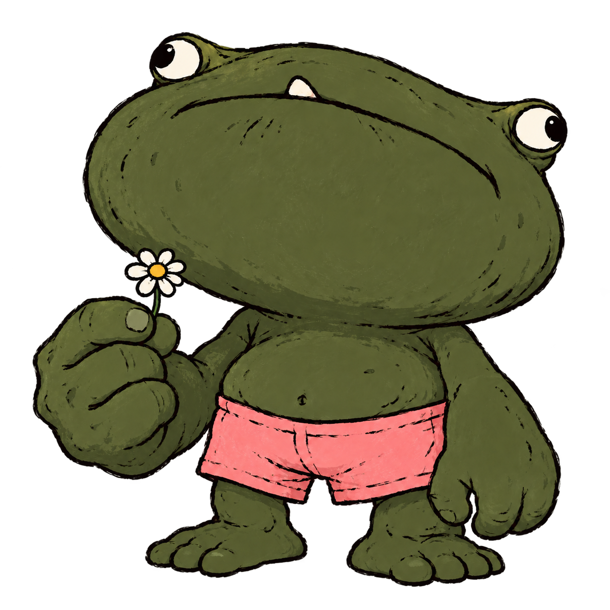 Daisy Frog, an olive green frog in coral shorts, carrying a white daisy