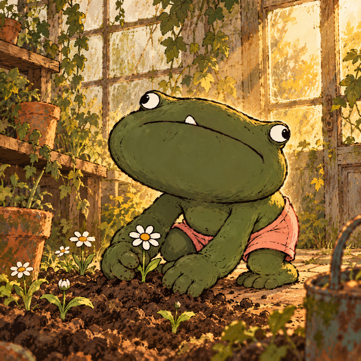 Daisy Frog plants the white daisy in a sunlit old greenhouse