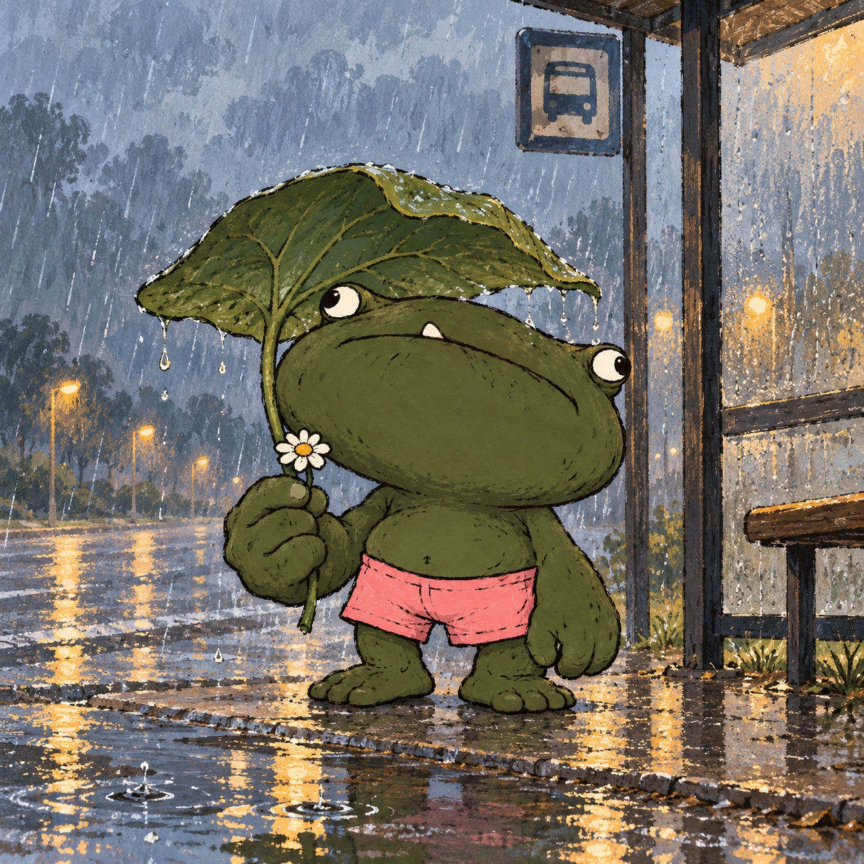 Daisy Frog shelters the daisy under a large leaf at a rainy bus stop