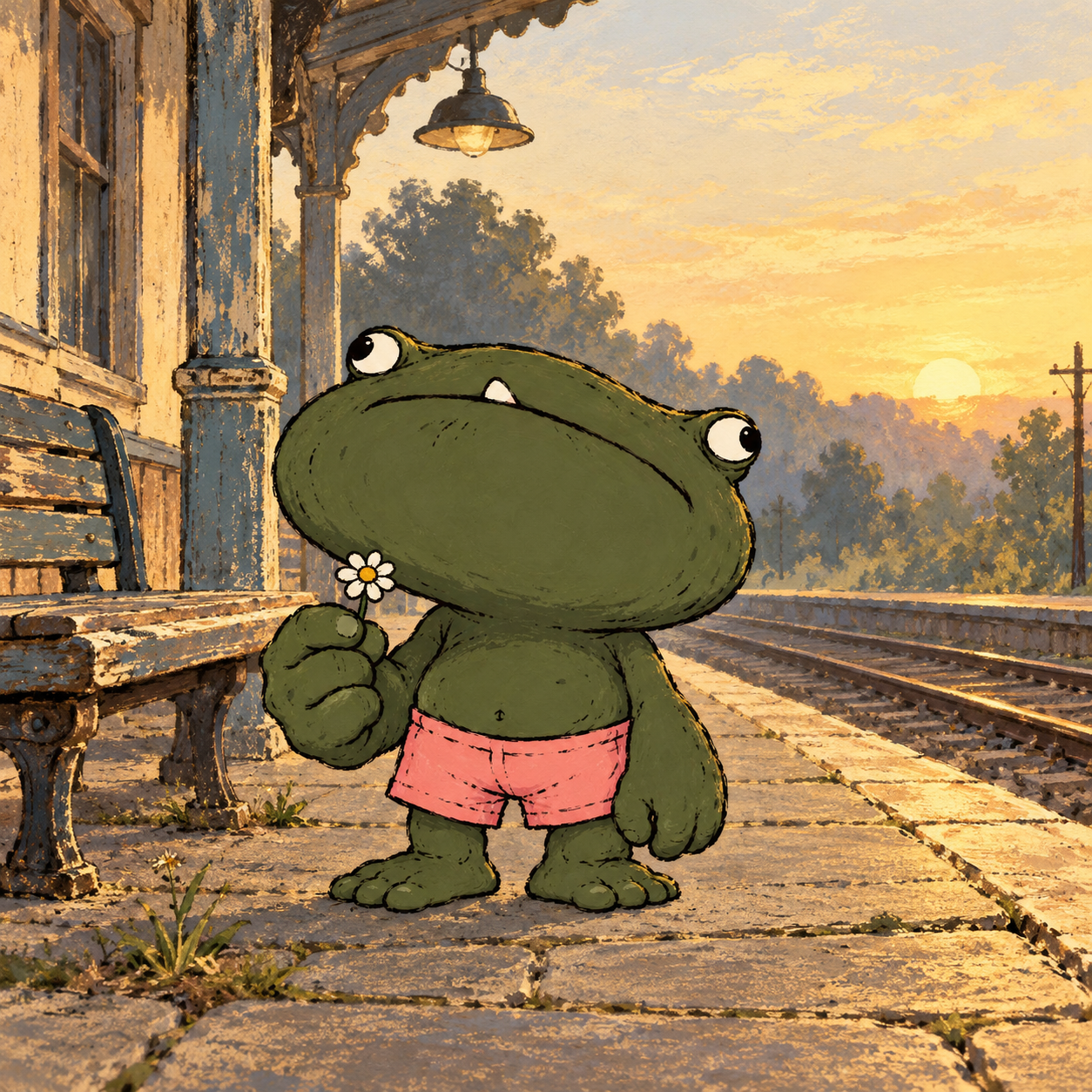 Daisy Frog waits with a flower beside an old countryside train station at sunrise